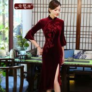Bell Sleeve Claret Velvet Modern Qipao Cheongsam Dress
