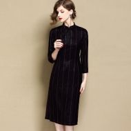 Striped Velvet Qipao Cheongsam Dress - Dark Purple