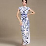 Wonderful Blue Print Long Qipao Cheongsam Dress