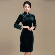 Pretty Dark Green Velvet Chinese Cheongsam Qipao Dress