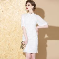 Half Sleeve White Floral Lace Cheongsam Qipao Dress