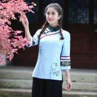 Lovely Blossom Flowers Qipao Cheongsam Shirt - Blue