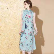 Striking Floral Embroidery Silk Qipao Cheongsam Dress