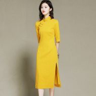 Elegant Half Sleeve Cheongsam Qipao Dress - Yellow
