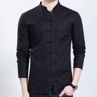 Seven Frog Buttons Stand-up Collar Shirt - Black