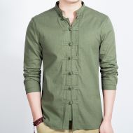 Seven Frog Buttons Stand-up Collar Shirt - Green