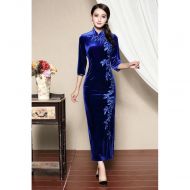 Magnificent Embroidery Dress Qipao Cheongsam - Blue