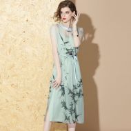 Lovely Bamboo Print Scoop Neck Qipao Chinese Dress
