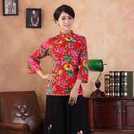 Spectacular Peony Flowers Qipao Cheongsam Shirt - Red