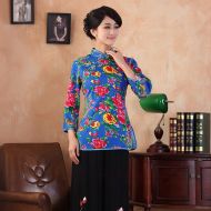 Spectacular Peony Flowers Qipao Cheongsam Shirt - Blue