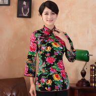 Spectacular Peony Flowers Qipao Cheongsam Shirt - Black