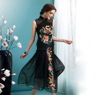 Phoenix Embroidery Cheongsam Qipao Overlay Dress - Black