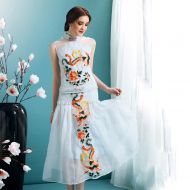 Phoenix Embroidery Cheongsam Qipao Overlay Dress - Blue