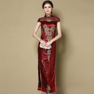 Marvelous Beaded Long Qipao Cheongsam Dress - Red