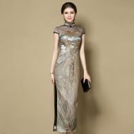 Marvelous Beaded Long Qipao Cheongsam Dress - Gray