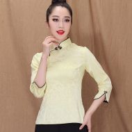 Beautiful Jacquard Qipao Cheomgsam Shirt - Yellow