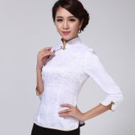 Beautiful Jacquard Qipao Cheomgsam Shirt - White