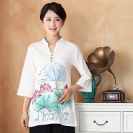 Pretty Cotton Flax Open Neck Chinese Blouse - Lotus A