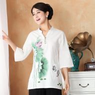 Pretty Cotton Flax Open Neck Chinese Blouse - Lotus B