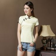 Short Sleeve Modern Mandarin Qipao Shirt - Yellow