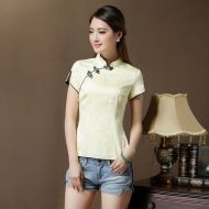 Short Sleeve Modern Mandarin Qipao Shirt - Yellow