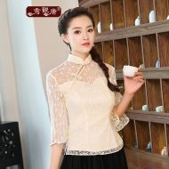Attractive Floral Lace Qipao Cheongsam Shirt - Beige