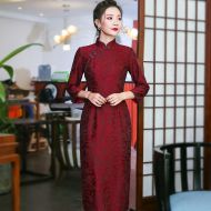 Attractive Claret Jacquard Qipao Cheongsam Chinese Dress