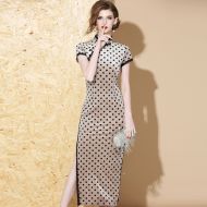Charming Polka Dots Long Qipao Cheongsam Dress