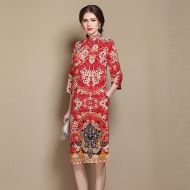 Nice Paisley Pattern Silk Qipao Cheongsam Dress - Red