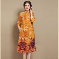 Nice Paisley Pattern Silk Qipao Cheongsam Dress - Yellow