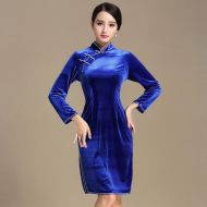 Elegant Blue Velvet Chinese Cheongsam Qipao Dress