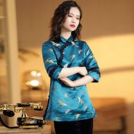Pretty Butterfly Brocade Qipao Cheongsam Shirt - Blue