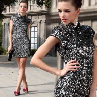 Modern Shiny Lace Black Short Cheongsam Dress