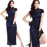 Marvelous Roses Lace Long Cheongsam Dress - Blue