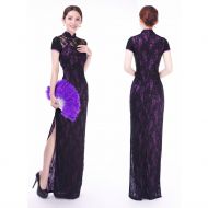 Marvelous Roses Lace Long Cheongsam Dress - Purple