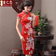 Top Quality Peony Flowers Embroidery Silk Cheongsam Dress