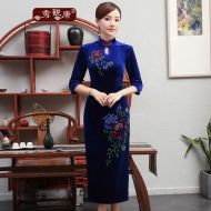 Wonderful Floral Drawing Velvet Qipao Cheongsam - Blue