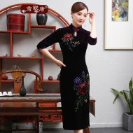 Wonderful Floral Drawing Velvet Qipao Cheongsam - Purple