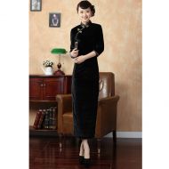 Traditional Long Velvet Cheongsam Dress - Black
