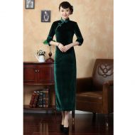 Traditional Long Velvet Cheongsam Dress - Green