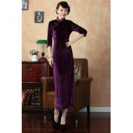 Traditional Long Velvet Cheongsam Dress - Purple