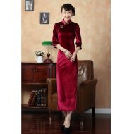 Traditional Long Velvet Cheongsam Dress - Red