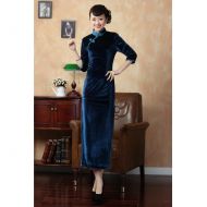 Traditional Long Velvet Cheongsam Dress - Blue