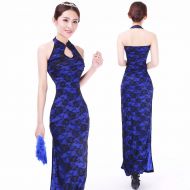 Modern Sexy Roses Lace Long Cheongsam Dress - Blue