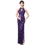 Modern Sexy Roses Lace Long Cheongsam Dress - Purple