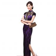 Gorgeous Modern Lace Long Cheongsam Dress - Purple