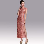 Superb Flower Lace Long Cheongsam Qipao Dress - Pink