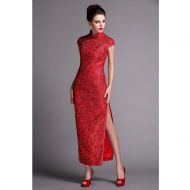 Superb Flower Lace Long Cheongsam Qipao Dress - Claret