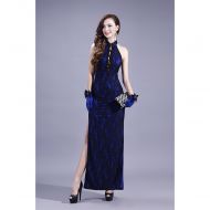 Modern Sleeveless Long Lace Qipao Cheongsam Dress - Blue