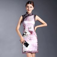 Charming Frog Button Sleeveless Silk Cheongsam Qipao Dress